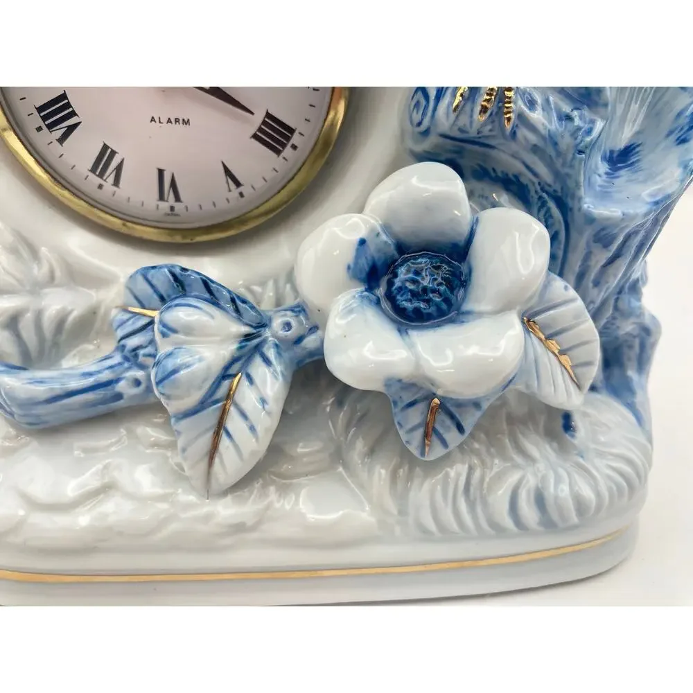 Vintage Linden Mechanical Mantle Alarm Clock Porcelain Blue Jay Gold Accents